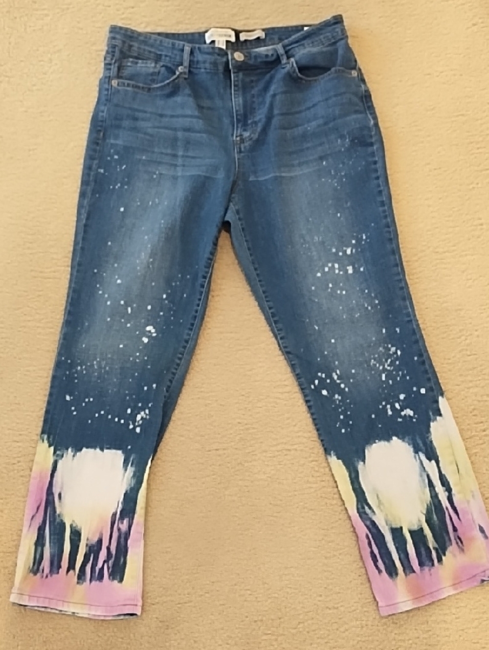 LOGO by Lori Goldstein Blue Straight-Leg Jeans with Pink and Yellow Tie-Dye Hem